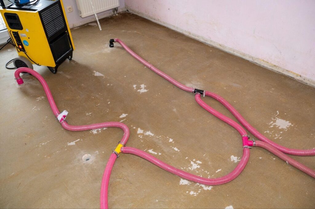 Interior view of a room with pink hoses scattered around and a yellow machine prominently displayed