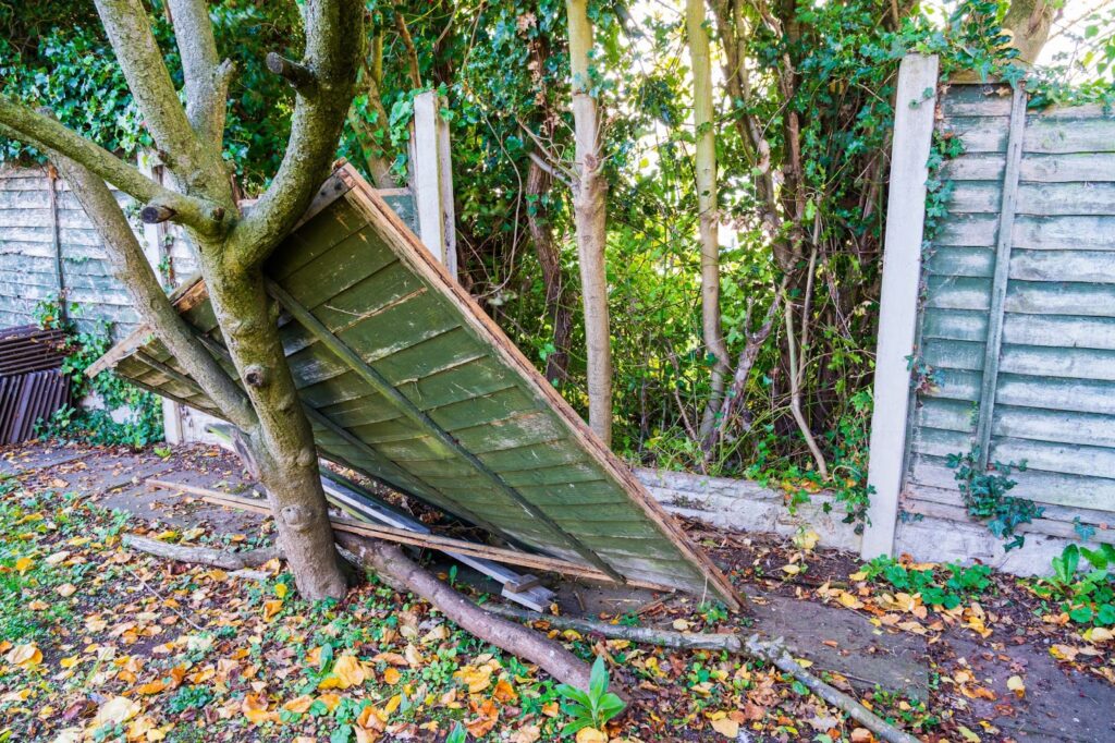 A damaged green wooden fence panel lying tilted against a tree trunk after being blown down or broken in a garden.
