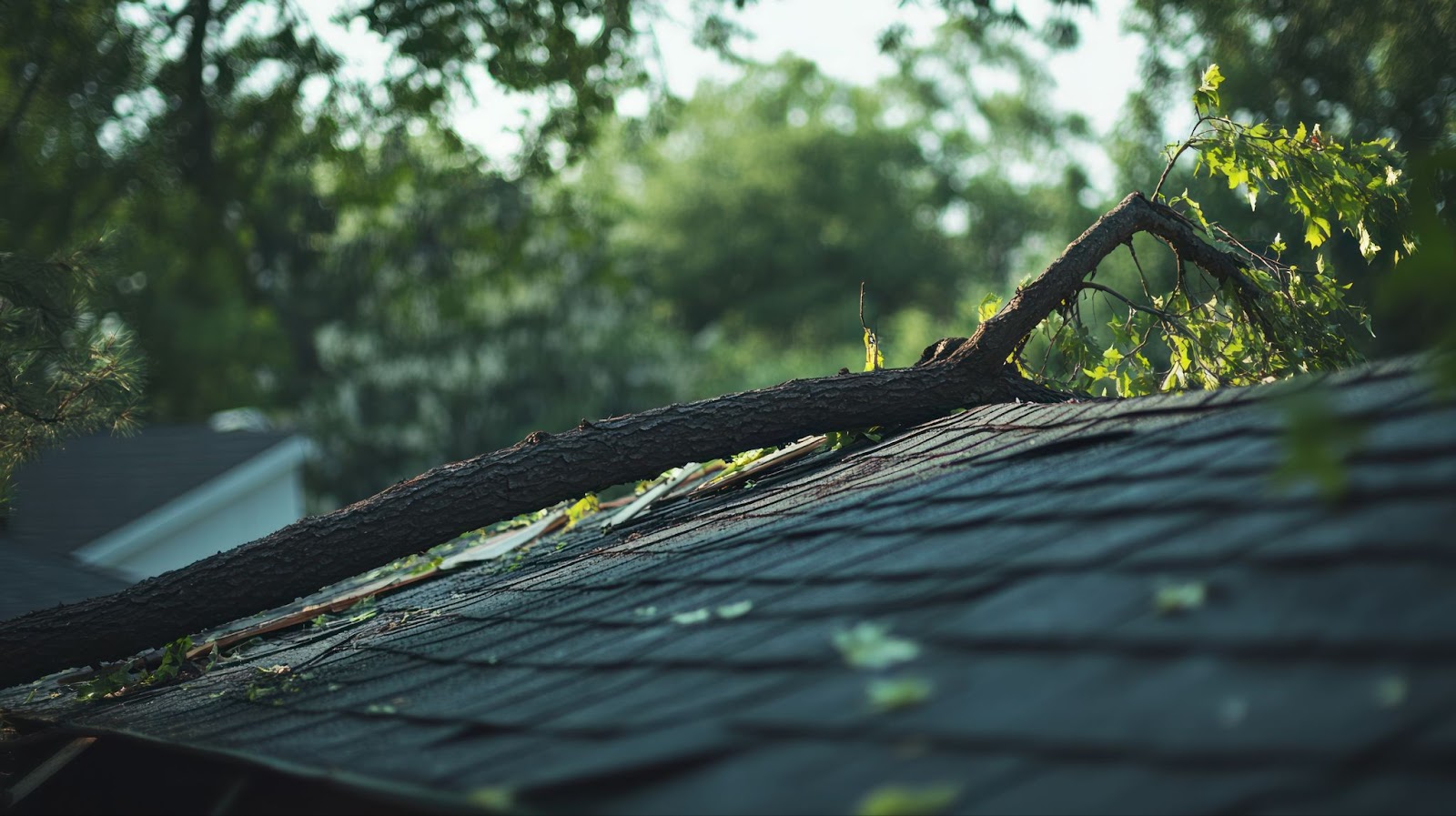 A large tree branch lies across the shingles of a residential roof, causing visible damage after falling.