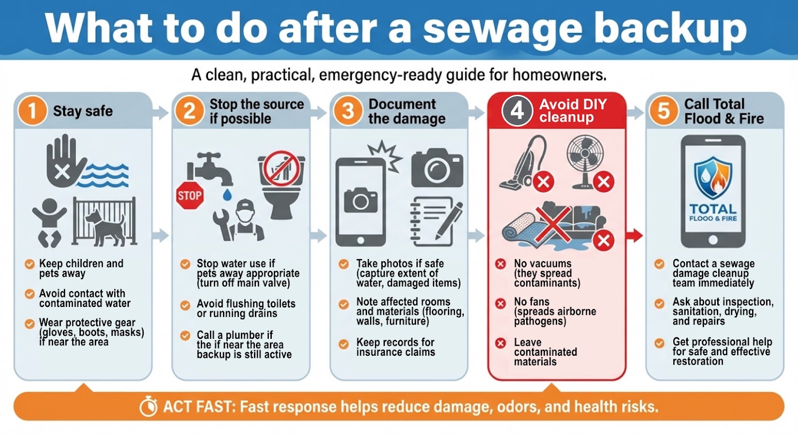 An educational infographic titled What to do after a sewage backup providing a five-step emergency guide for homeowners Stay safe, Stop the source, Document the damage, Avoid DIY cleanup, and Call Total Flood & Fire.