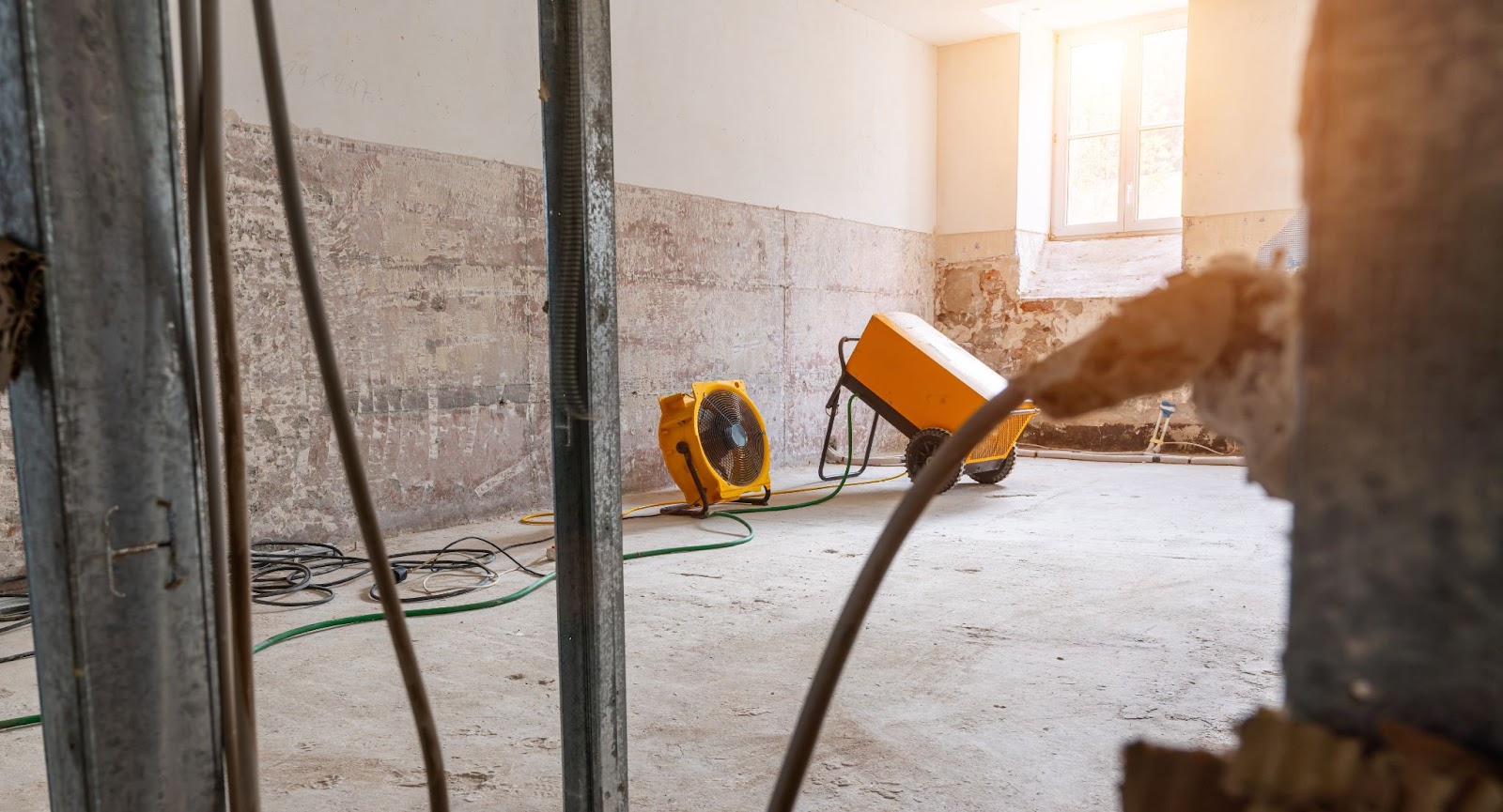Industrial drying equipment, including a yellow air mover and a large dehumidifier, in a room undergoing water damage restoration with stripped walls.