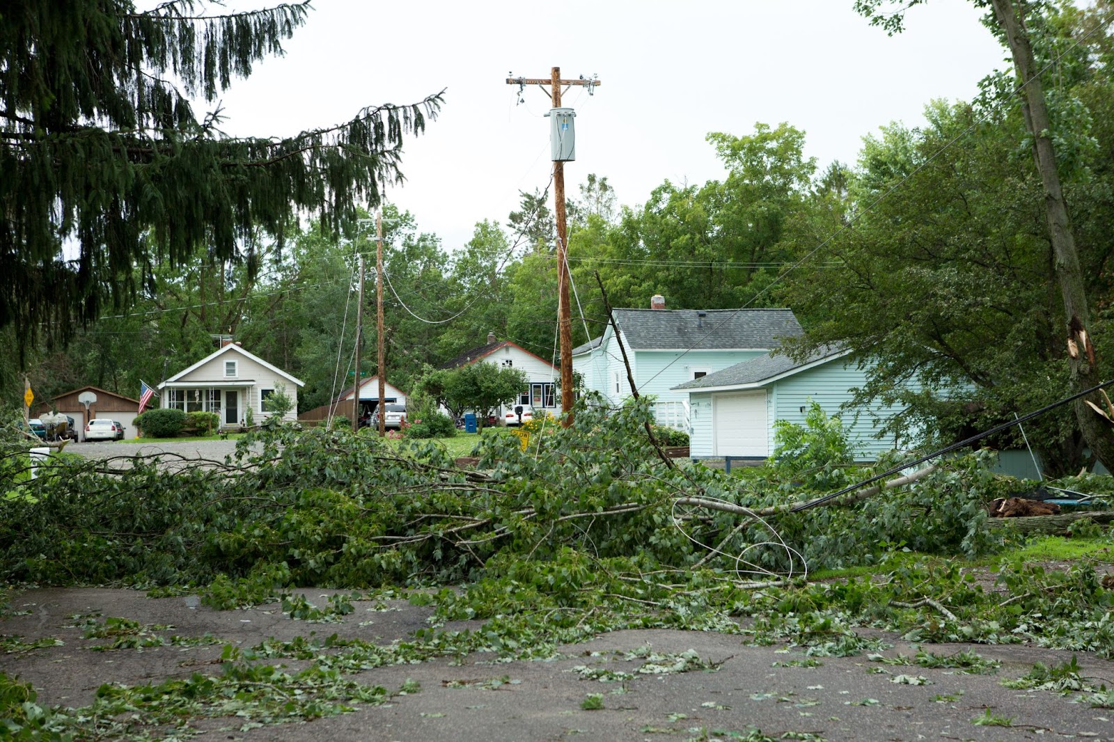 Large fallen tree branches block a residential street and entangle power lines following a storm in a neighborhood with small houses.