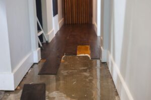 Water damaged dark wood laminate flooring being pulled up to reveal a wet concrete subfloor in a hallway.