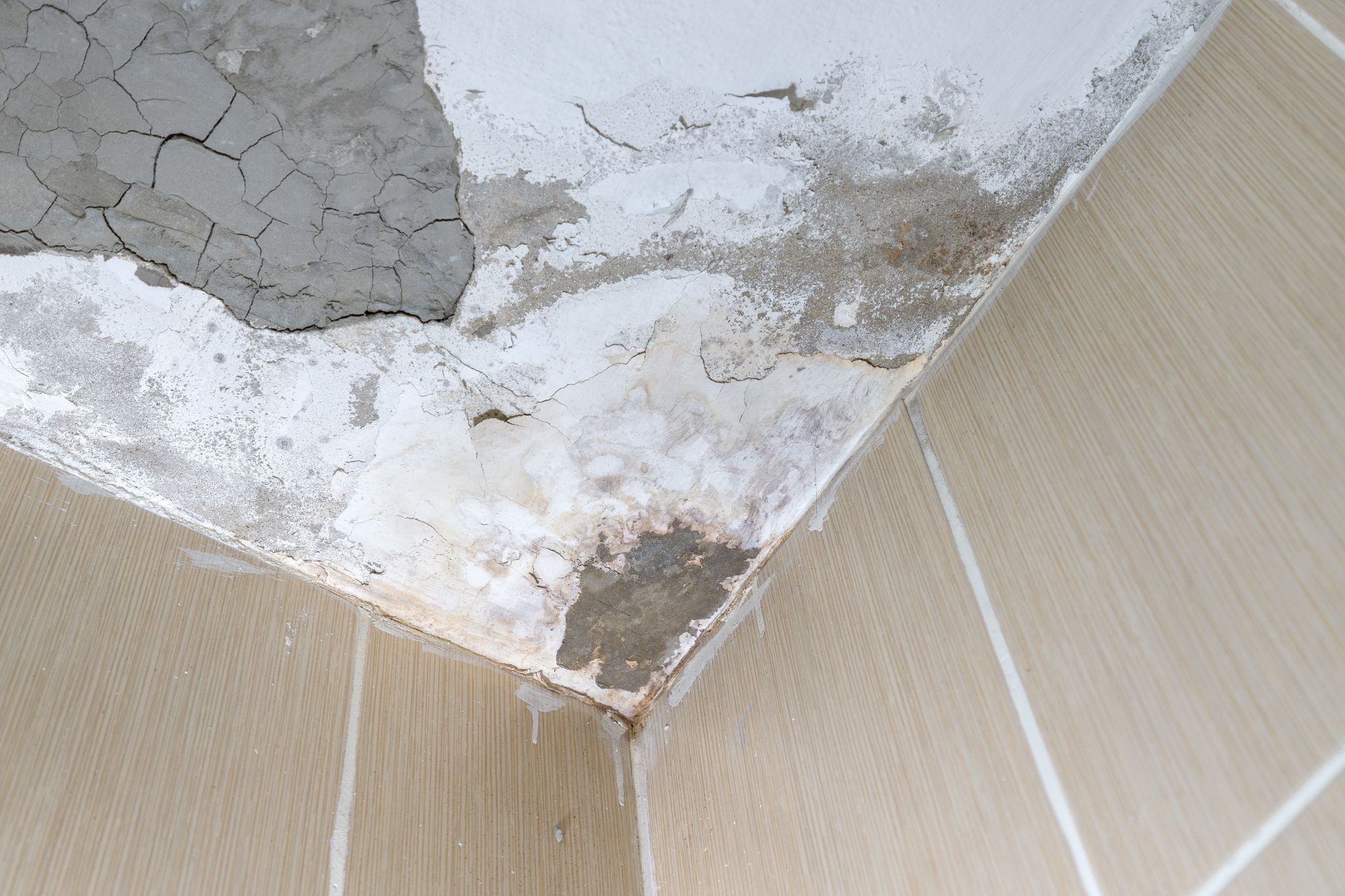 A close-up view of a bathroom corner showing water stains, cracked plaster, and peeling paint on the ceiling above tiled walls.