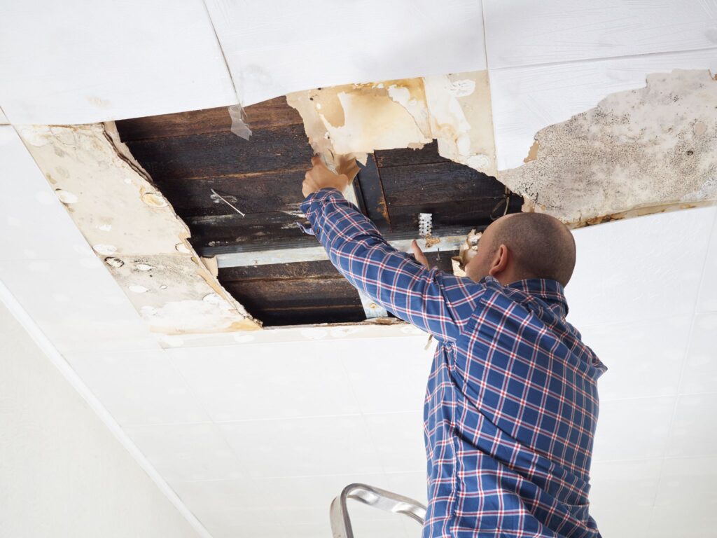A man on a ladder inspecting a large water-damaged hole in a ceiling.