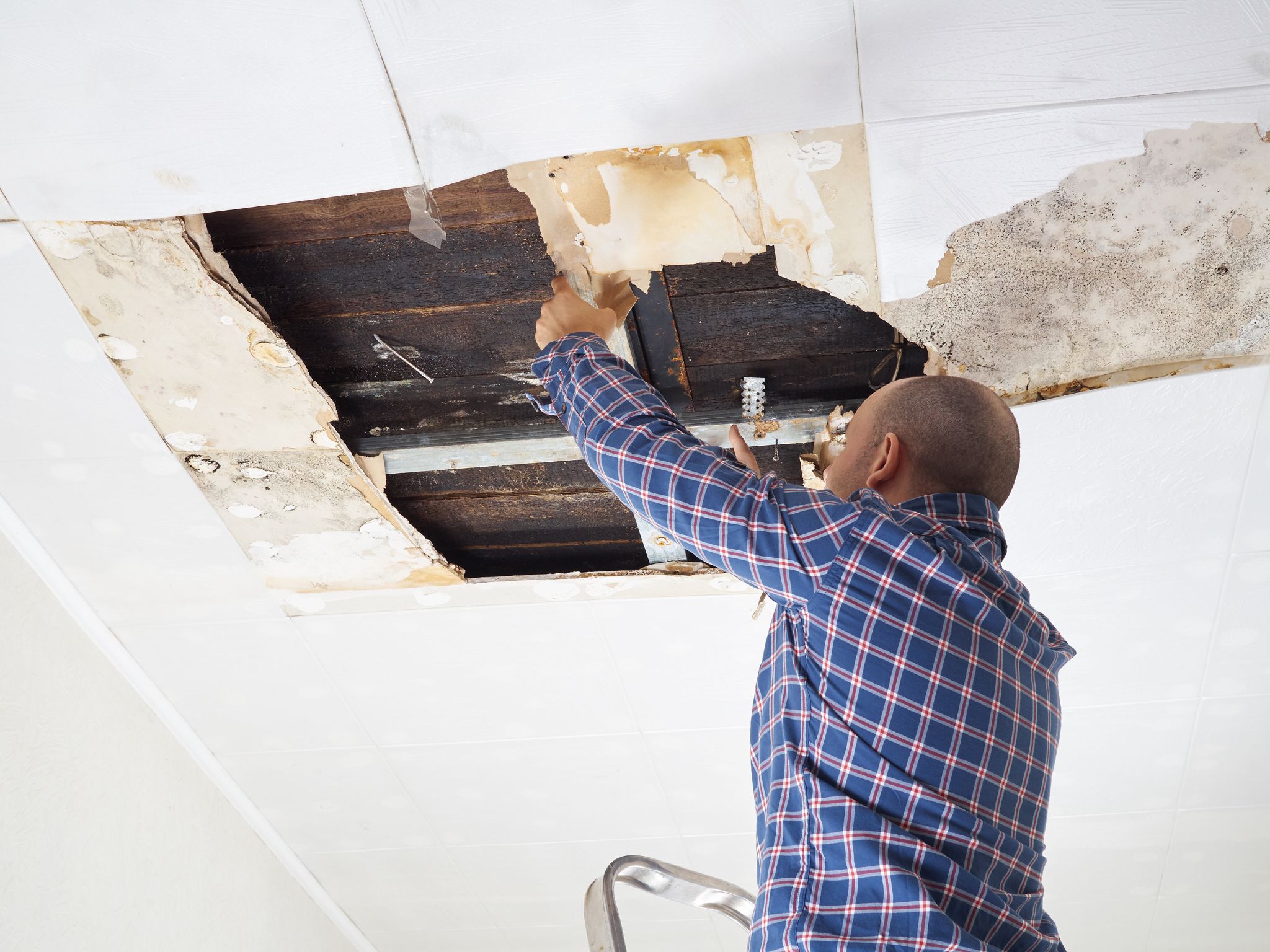 A man on a ladder inspecting a large water-damaged hole in a ceiling.