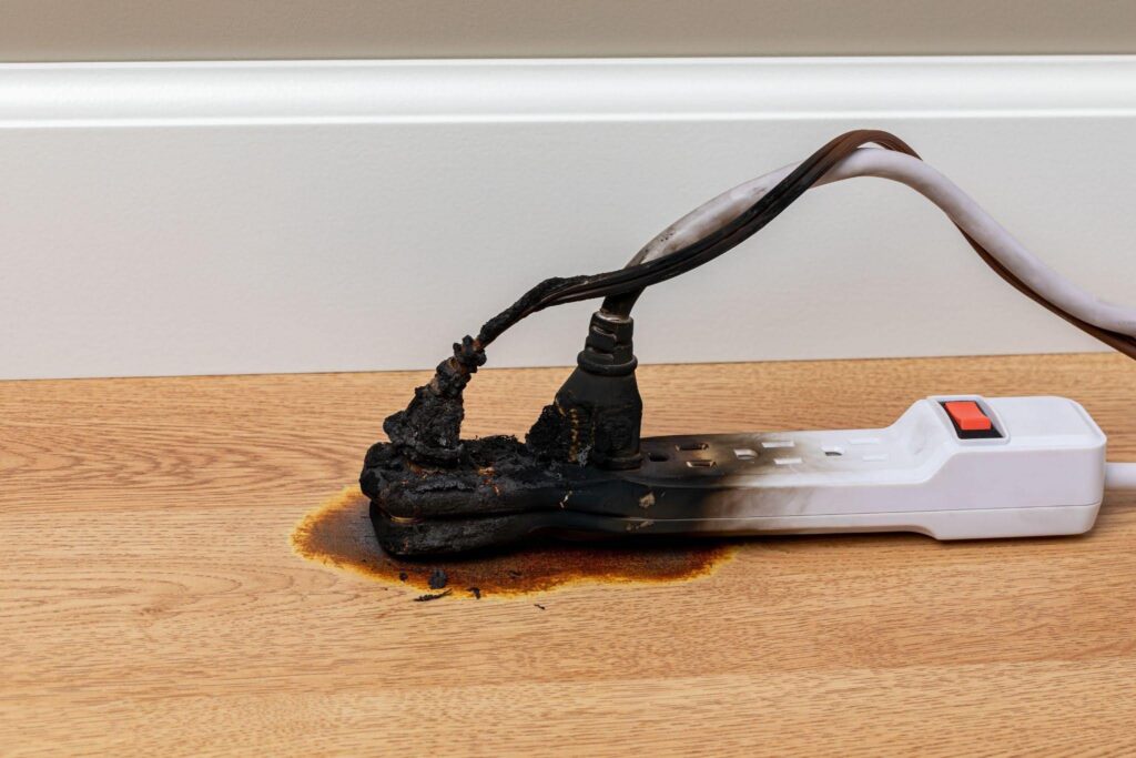 A burnt plug lies on the floor next to a damaged power strip indicating possible electrical issues