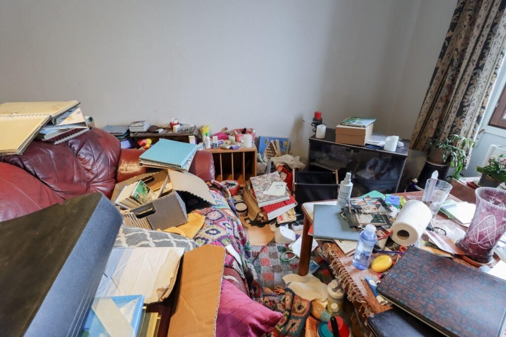 Cluttered living room filled with books craft supplies boxes tables and plants