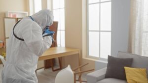 A person in a white protective suit stands in a living room surrounded by furniture and decor